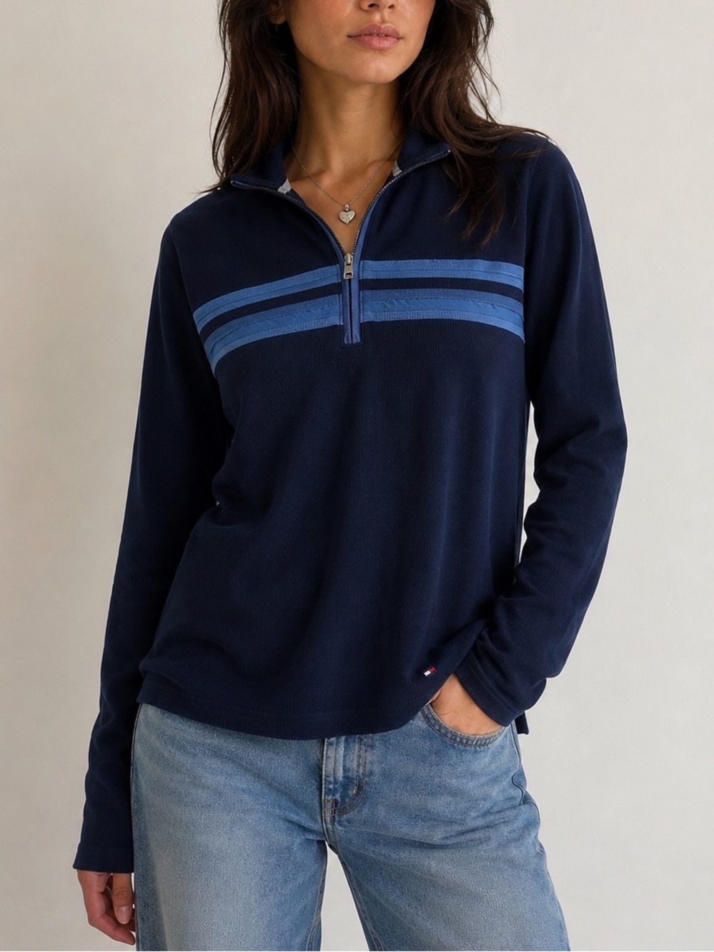 Tommy Hilfiger Vintage Navy Quarter Zip Pullover Size: Medium Long Sleeve Y2K